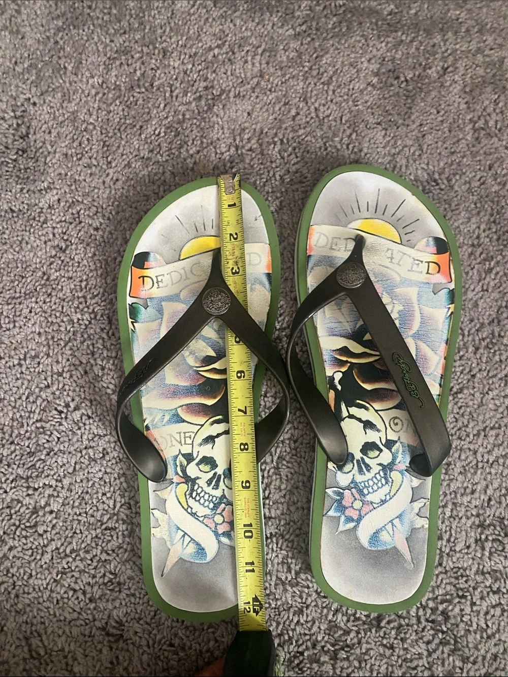 Vintage Ed Hardy Tattoo-Print Flip Flops in Green and Black